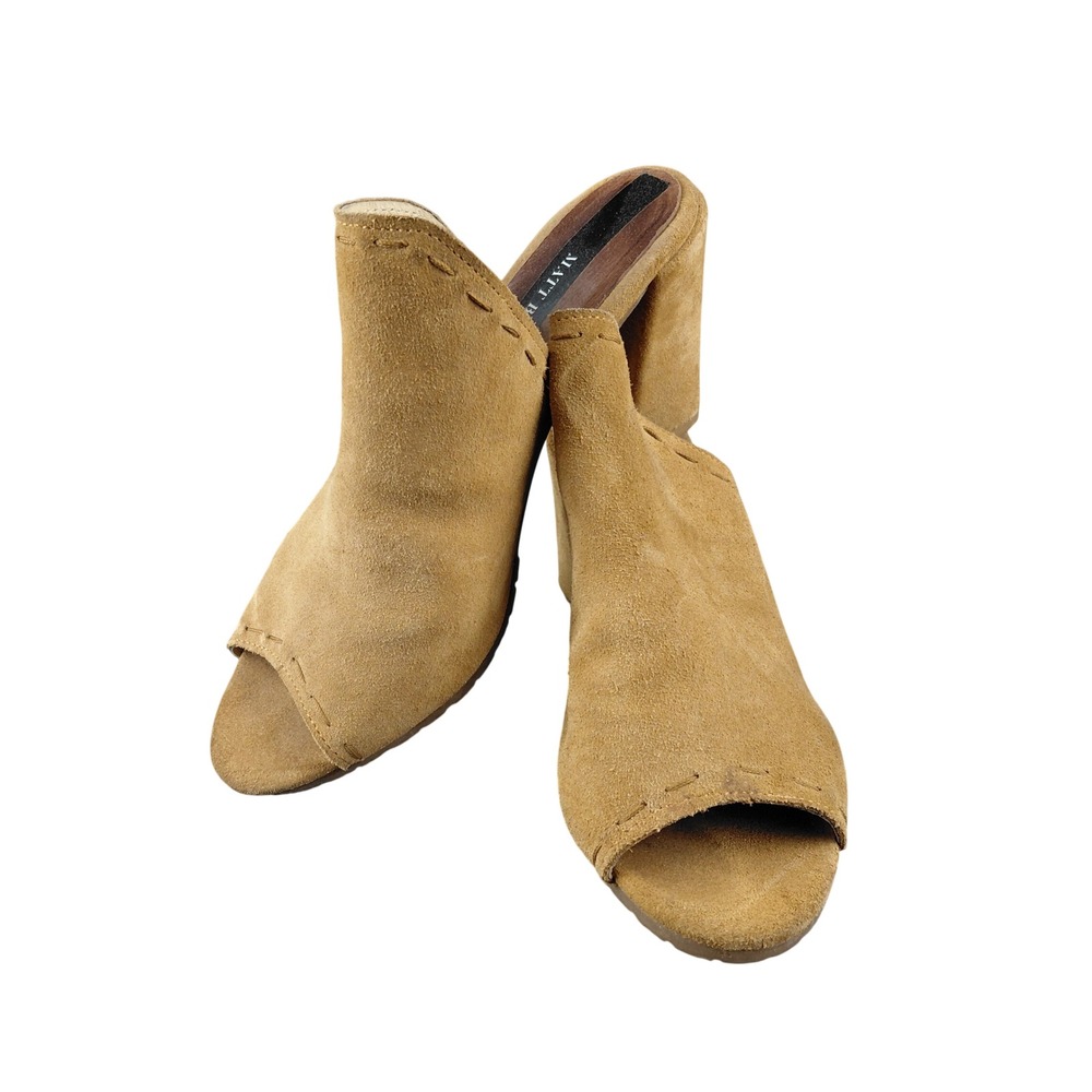 Matt Bernson Tan Suede Peep Toe Block Heel Mules Whipstitch Detail Size 8